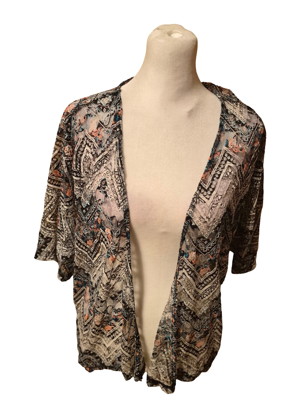 Almost Famous Open-Front Patterned Women's Shrug in Neutral Multi